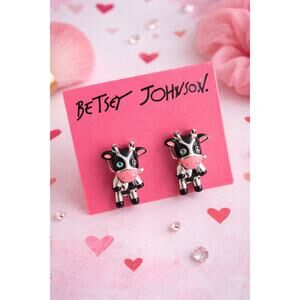 Betsey Johnson Cow Stud Earrings Cute Animal Rhinestone Black White Pink Novelty